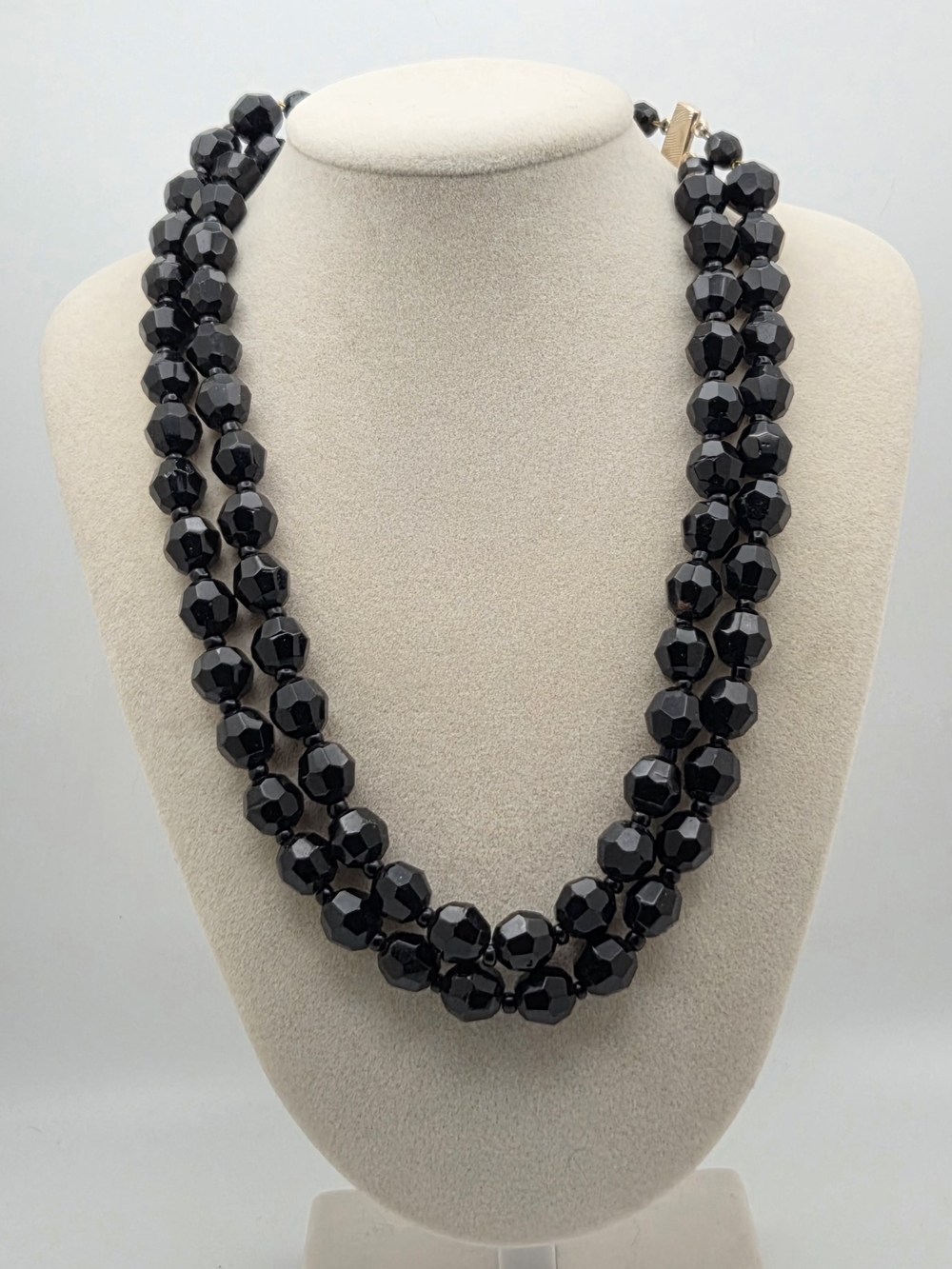 Vintage W. Germany Double Strand Faceted Black Glass Necklace - 16"